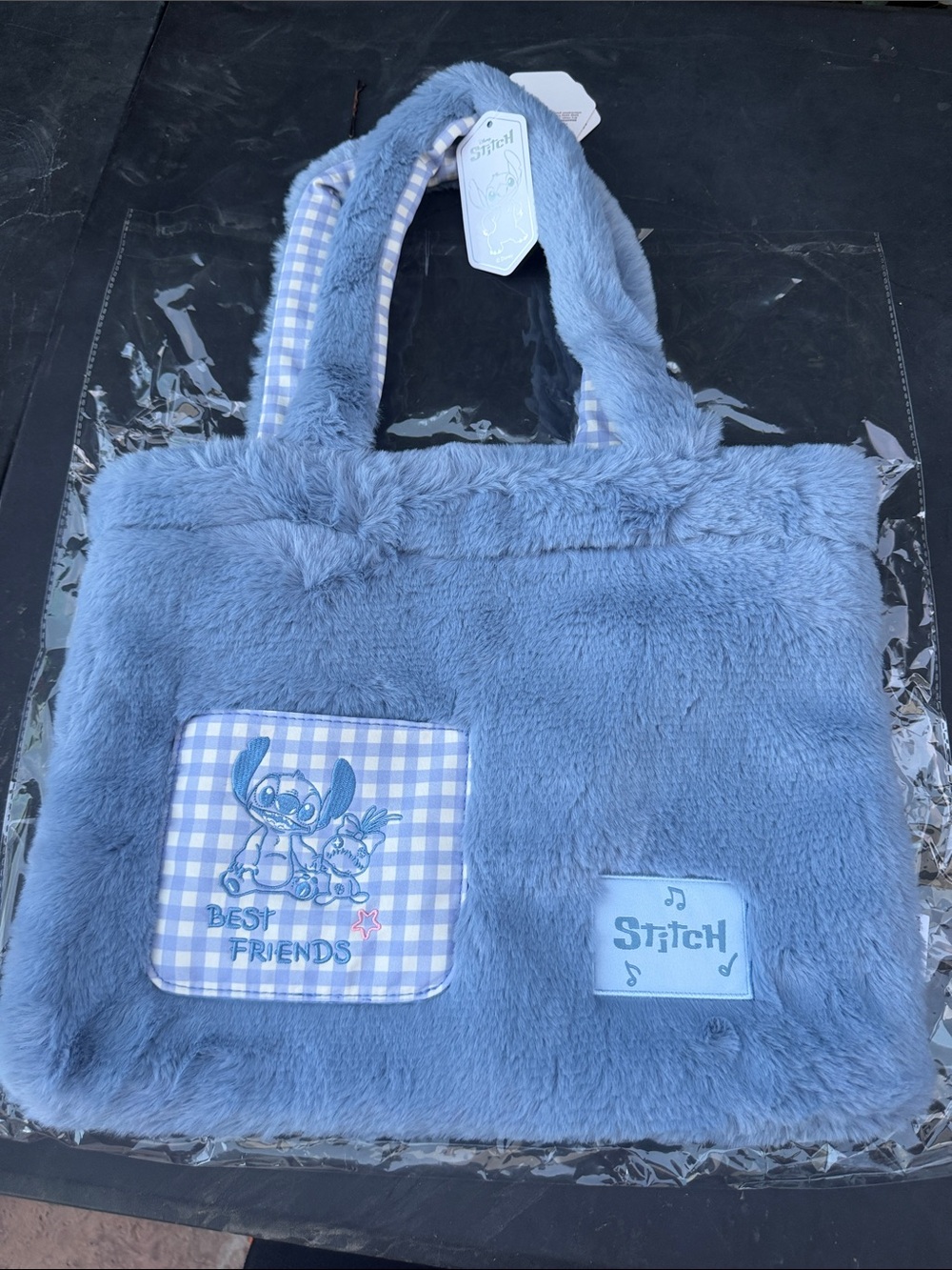 Disney Blue Plush Stitch Tote Bag with Gingham Accents